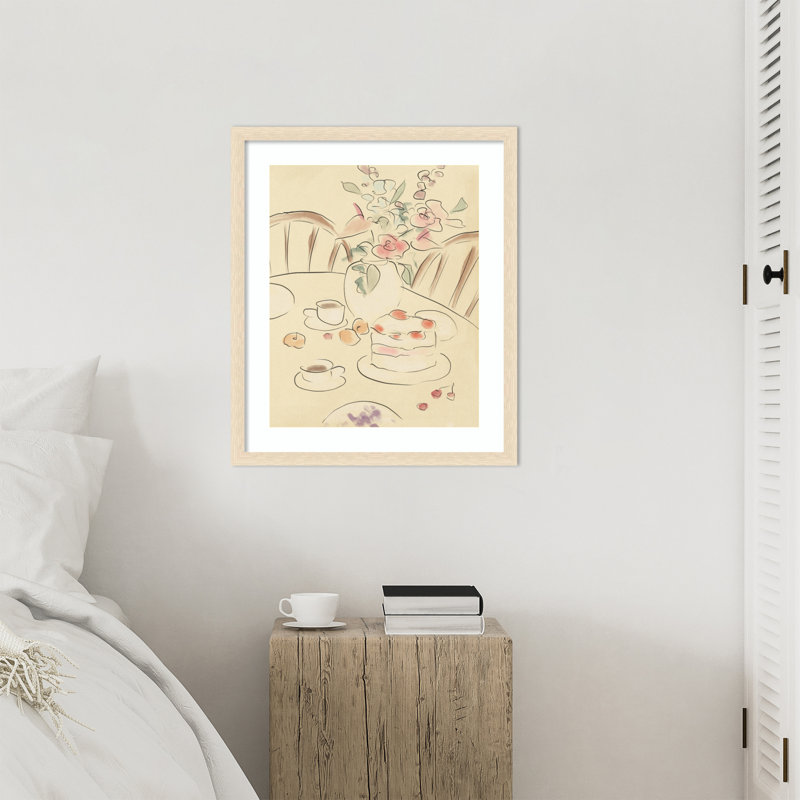 «Tea and Roses» par Katharina Puritscher, impression sur bois encadrée, H 26 po x l 22 po, Rayures de grain de bois blond