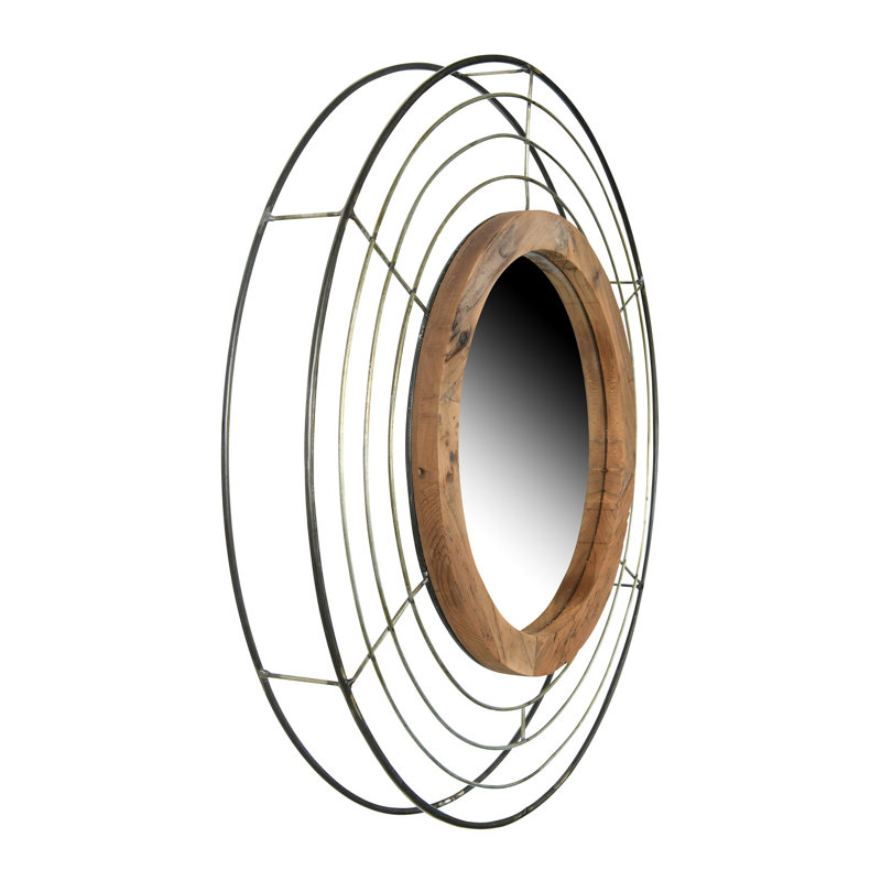 Modern Round Wall Mirror with Wood and Wire Frame