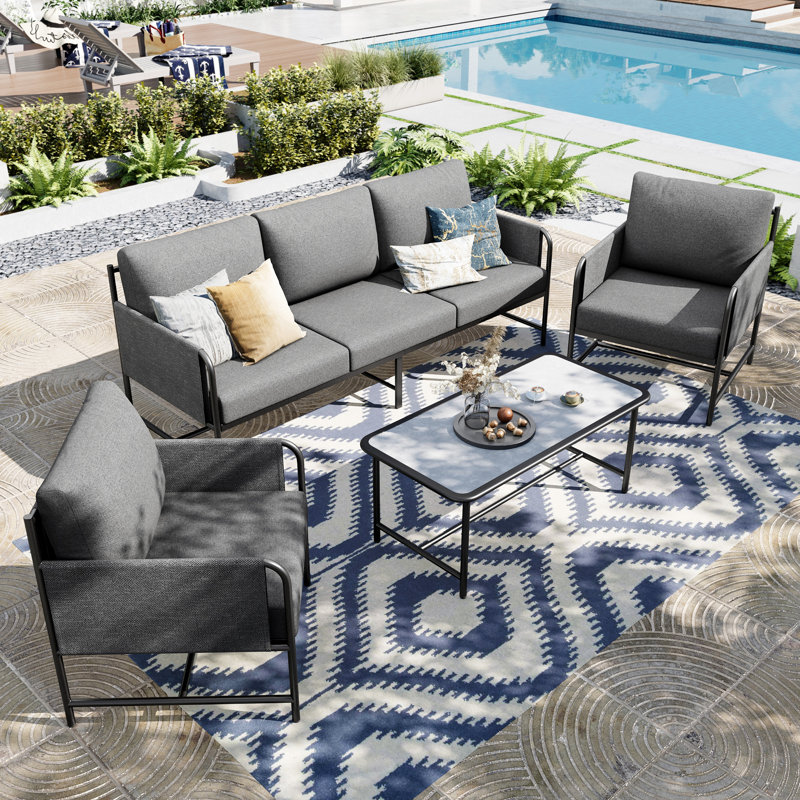 5 Seat Outdoor Patio Furniture Set Luxury Metal Cushioned Conversation Set with Cushions & Metal Coffee Table, Gray