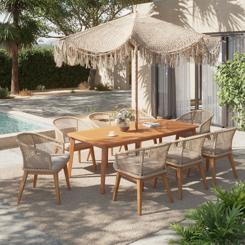 Ensemble repas d'extérieur en bois massif 8 personnes avec coussins, H 30,1 po x l 82,6 po x P 39,3 po, 8