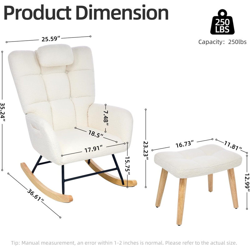 Fauteuil à bascule avec repose-pieds, fauteuil à bascule confortable avec dossier haut et siège rembourré, fauteuil d'appoint pour chambre d'enfant, salon, chambre à coucher, bureau, petits espaces intérieurs