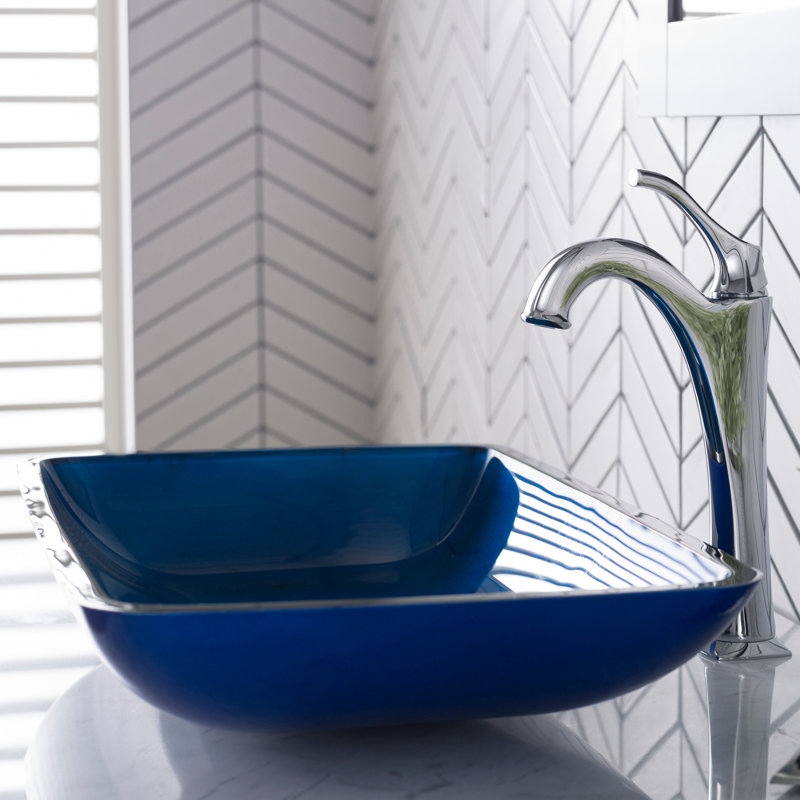 Glass Rectangular Vessel Bathroom Sink with Faucet, Chrome, Blue