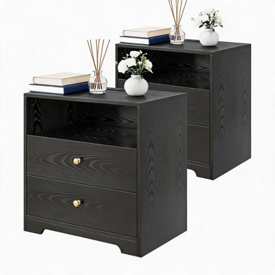 Set of 2 Nightstands with Built-in Charging Station, 2 Drawers Open Cubby Bedside Table with USB & AC Outlets, Wooden End Side Table for Bedroom Living Room Small Apartment