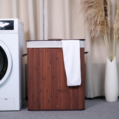Folding Bamboo Laundry Hamper with Lid, 27.5 gal Wooden Laundry Basket with Washable Liner Bag, Slim Clothes Storage Hamper for Small Bedrooms Apartments Dorms, Brown