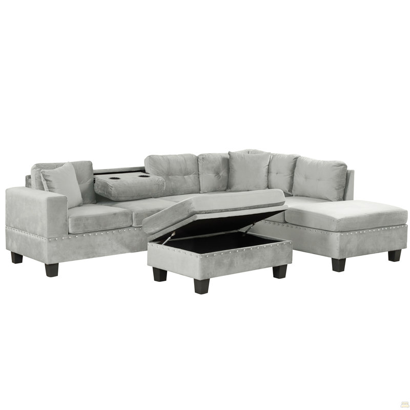 Canapé modulaire de 105 po avec repose-pieds avec rangement, canapé en L avec 2 coussins et porte-gobelets, canapé modulaire avec méridienne réversible