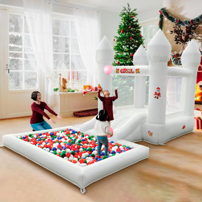 White Bounce House with Slide, Ball Pit & Air Blower for Kids Indoor & Outdoor Summer Party Play