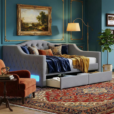 86.2" Extra-Long Upholstered Daybed with Trundle & Drawer, LED Lights