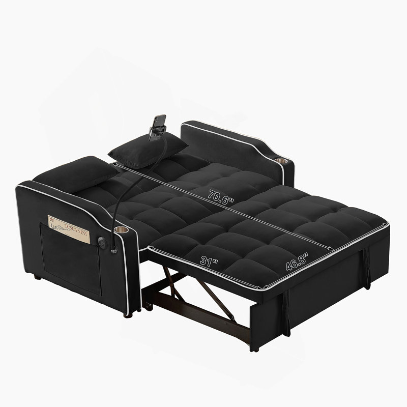 Loveseat With USB Port And Swivel Phone Stand, Pull-Out Sleeper Sofa Bed With Side Pockets And Adjustable Backrest, Black