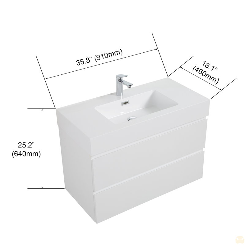 Lavabo intégré à surface solide sans drain ni robinet, Blanc, Blanc, 36"