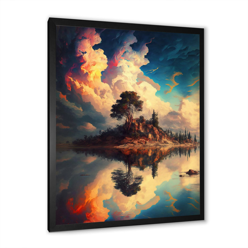 «Single Tree on a Little Island Under a Vibrant Sky», reproduction sur toile, H 20 po x l 12 po x P 1 po, Cadre photo noir