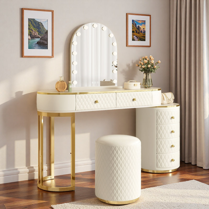 Luxury Makeup Vanity Desk With 3-color Led Mirror, Adjustable Length, 6 Drawers And Stool