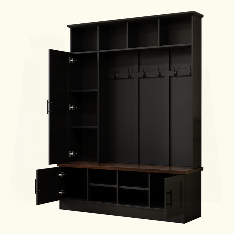 Versatile 3-In-1 Hall Tree With 6 Hooks, Farmhouse Walnut Storage Bench With Adjustable Shelves, 55"W Modern Entryway Coat Rack With Multiple Storage Space For Mudroom, Living Room