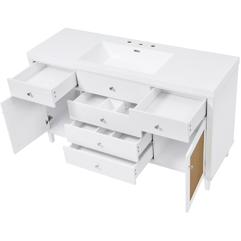 Meuble-lavabo de 60 po avec lavabo SMC, grande armoire de rangement moderne avec tiroirs à fermeture en douceur et portes en rotin, poignées en métal argenté et 5 pieds en pin