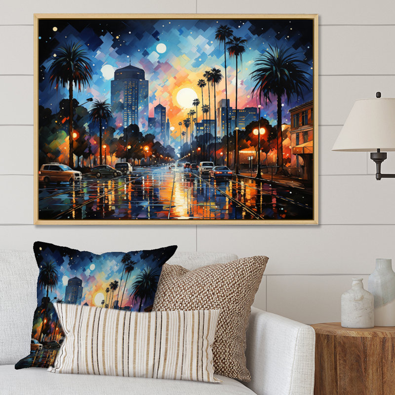 «Palms Trees Urban At Night», reproduction sur toile, H 24 po x l 32 po x P 1 po, Cadre naturel flottant