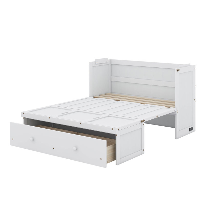 Lit escamotable double avec port USB et tiroir, Blanc