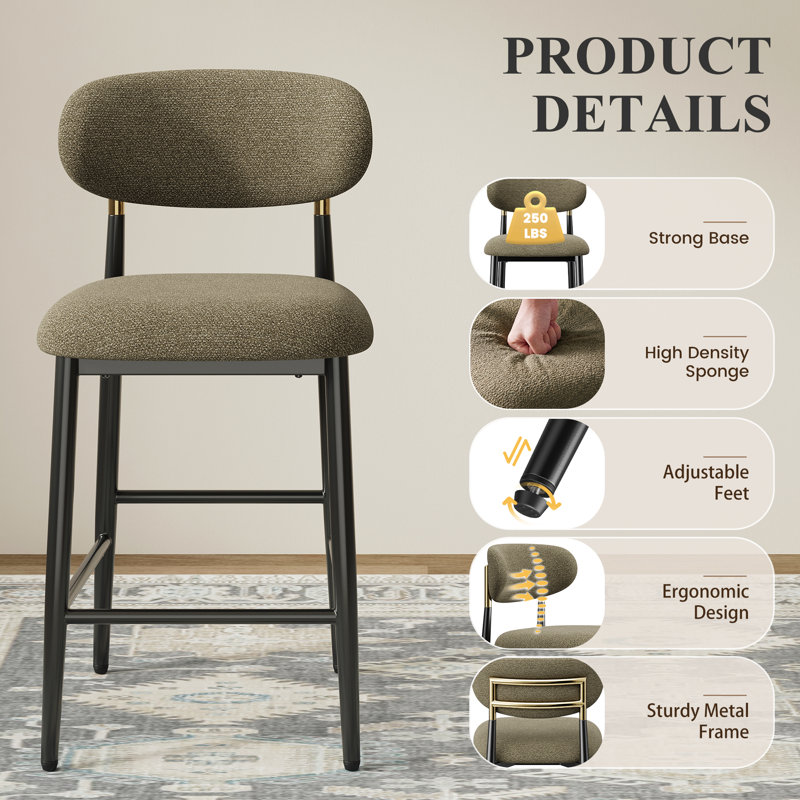 Upholstered Bar Stool with Iron Frame, Brown