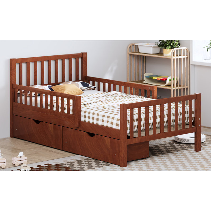 Lit plateforme simple en bois de noyer avec garde-corps double et deux tiroirs de rangement, tête de lit droite, matériau solide, 8 lattes uniformément espacées, option d'optimisation de l'espace pour la chambre à coucher