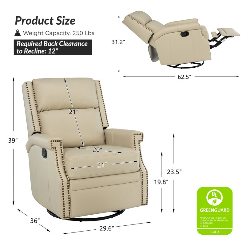 Manning 29.6" Wide Genuine Leather Manual Recliner, Beige Pebbled Genuine Leather