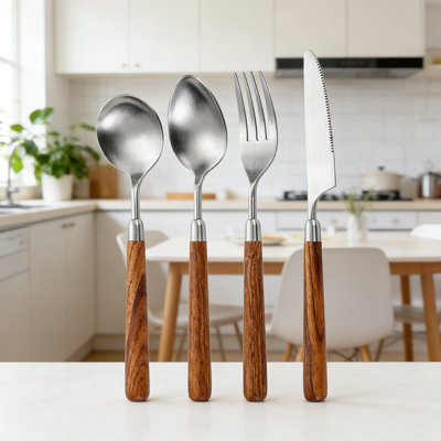 16 Piece Walnut Wood Stainless Steel Flatware Set, 3-Piece Steak Knife Fork Spoon Cutlery Set With Natural Wood Handle For Dining