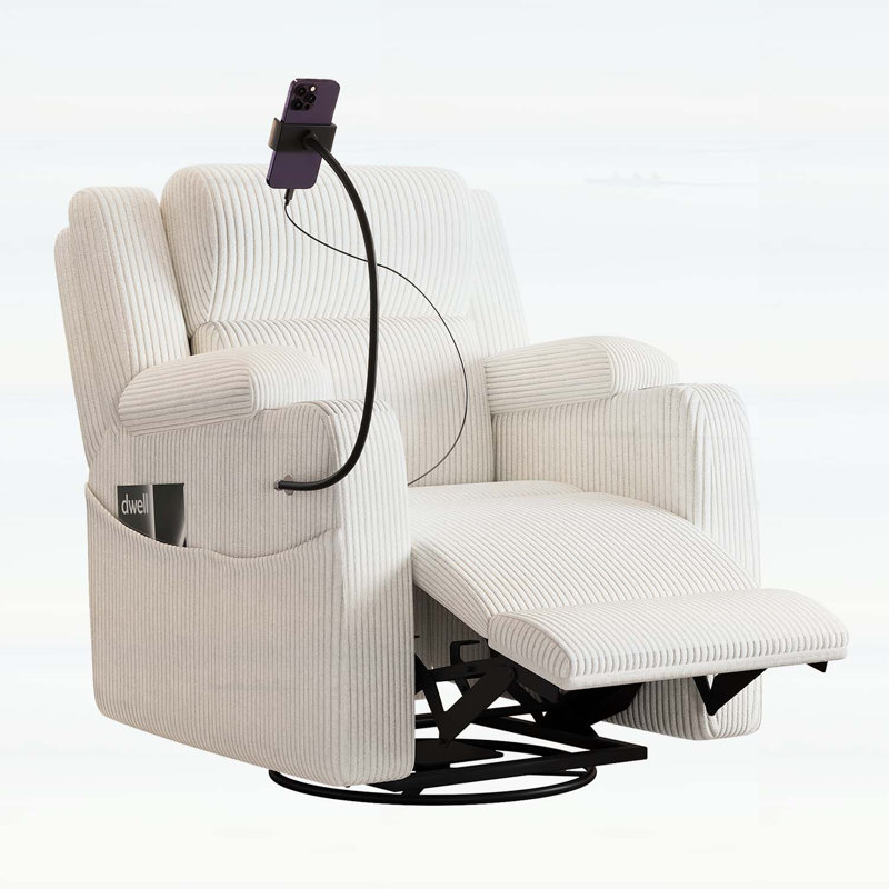 Fauteuil inclinable électrique avec chaleur, massage et pivotant à 270 °, avec support pour téléphone, ports USB et rangement caché pour un confort et une commodité ultimes.