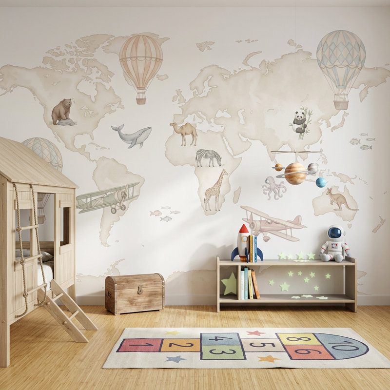 Papier peint carte du monde sur fond blanc amovible, 100 po x 96 po, Non tissé