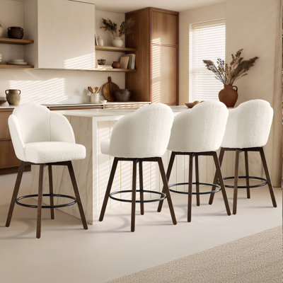 Tabourets de comptoir et de bar rembourrés 27 "avec grand siège, chaises de îlot de cuisine pivotantes à 360 ° avec pieds en bois massif, sherpa blanc