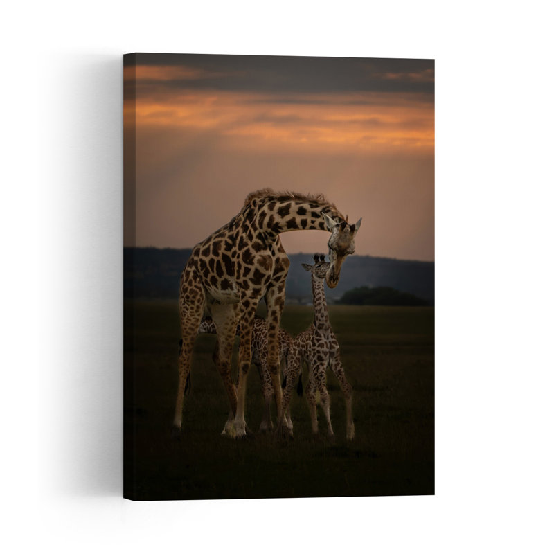 Loving Giraffe Family Sunset Abstract Contemporary Landscape Nature Wall Art Print 1 Piece Wrapped Canvas Wall Art