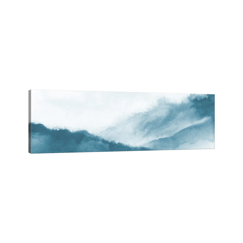 Montagnes brumeuses à l'aquarelle bleu sarcelle - Giclée sur toile tendue avec châssis, H 12 po x l 36 po