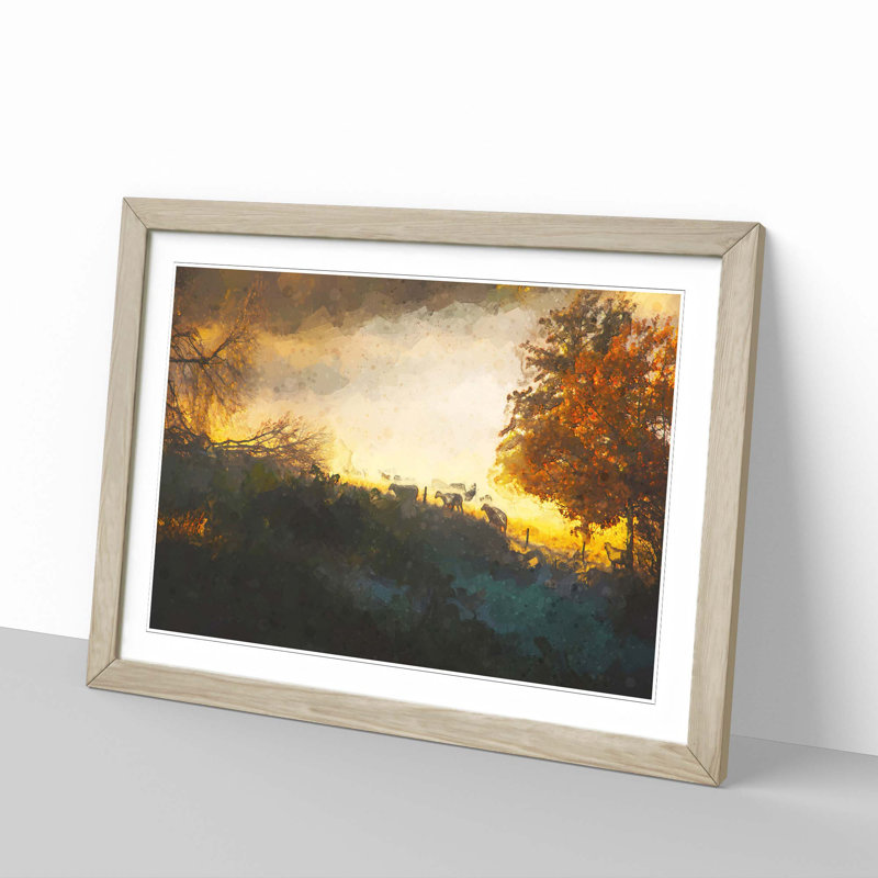 Sheep in Sweden in Abstract - Picture Frame Graphic Art Print, Oak, 60cm H x 91cm W x 2cm D