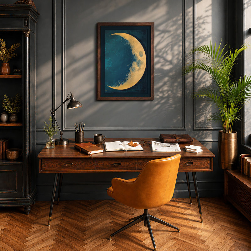 Luminous Crescent Minimalist - Framed Print, A4 - 29.7 x 21.0 cm, Walnut