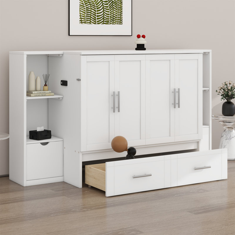 Lit escamotable avec tablettes, tiroirs et ports USB Murphy, Blanc