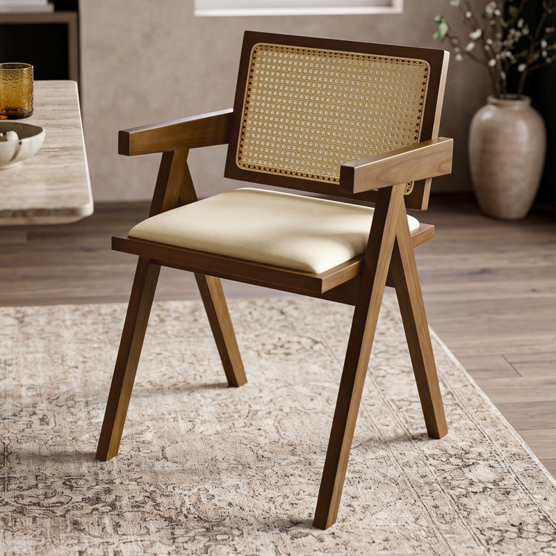 Mila Rattan Solid Wood Dining Chairs, Walnut, Brown Wood