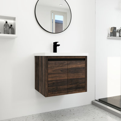 Wall Mounted Bathroom Cupboard With Sink - 24", Walnut, Soft Closing Doors, Modern Storage Cabinet Mount And 24 Inch, Functional Unit