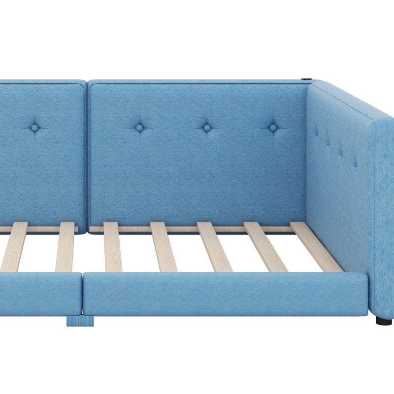 Lit plateforme tapissier avec ports USB, Bleu, Lit double