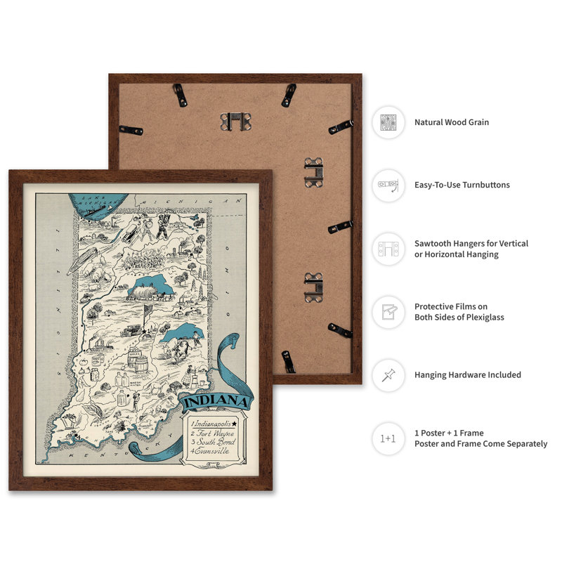 Carte illustrée de l'Indiana, 24"H x 32"W, Poster, Brown Framed