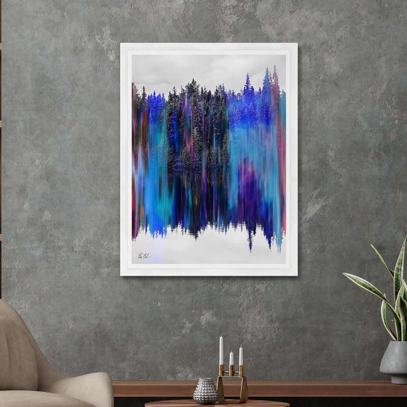 Paysage d'arbre réfléchissant en bleu, Cadre blanc, H 42 po x l 32 po x P 1,5 po, Lustre photo encadré