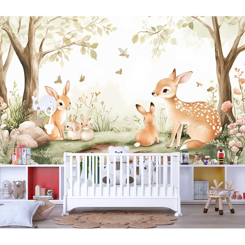 Papier peint chambre d'enfant Woodland Deer Bunny, L 144 po x l 100 po, Non tissé