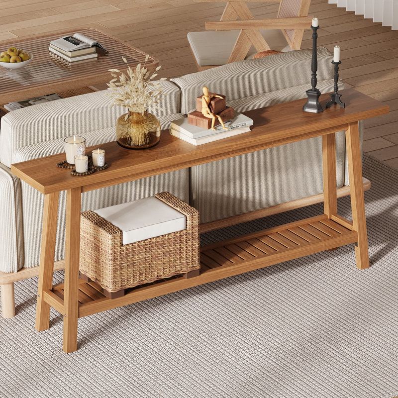  Extra Long 70.9" 2-Tier Wooden Console Table - Narrow Sofa Side Table with Rustic Farmhouse Design - Slim Storage Shelf for Entryway, Living Room, Hallway, Home Office - Yellow-Brown