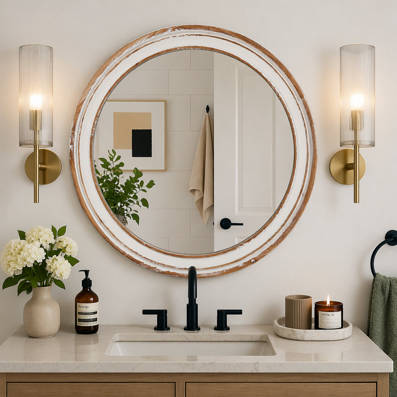 Miroir mural rond en bois pour meuble-lavabo, 27,56 po x 27,56 po