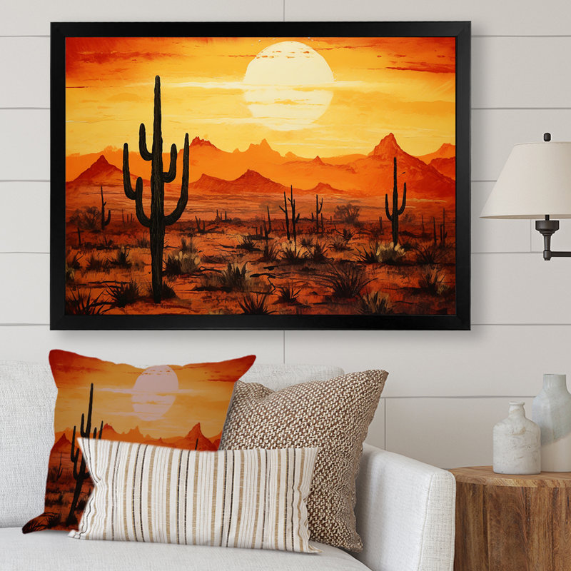 Cactus Sunrise Silhouettes - Cactus, art mural, Cadre simple noir, H 24 po x l 32 po x P 1 po