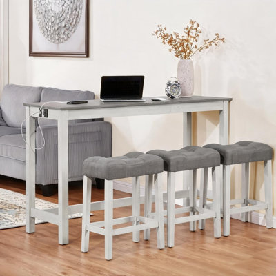 Ensemble de table de salon avec 4 tabourets, tissu gris neutre, prise de courant intégrée, structure en bois d'hévéa, 59 x 20 x 35,5 po