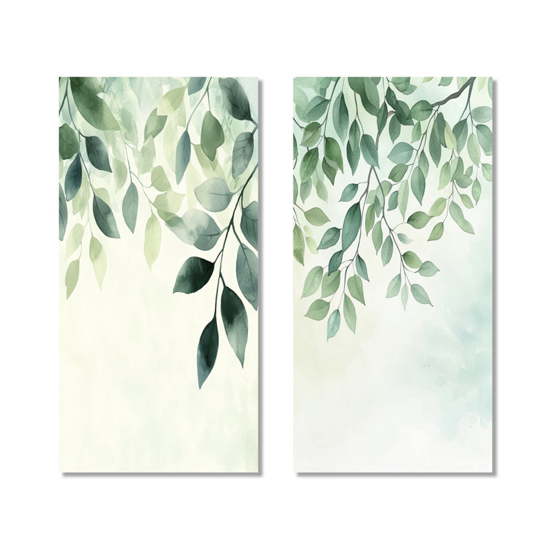 «Minimalist Green Botanical Plants I - Nature», ensemble de 2 reproductions d'art mural en métal, H 32 po x l 32 po