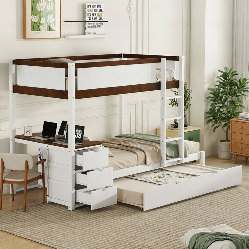 Lit superposé simple au-dessus de simple avec lit gigogne simple, rangement et bureau, Twin Over Twin