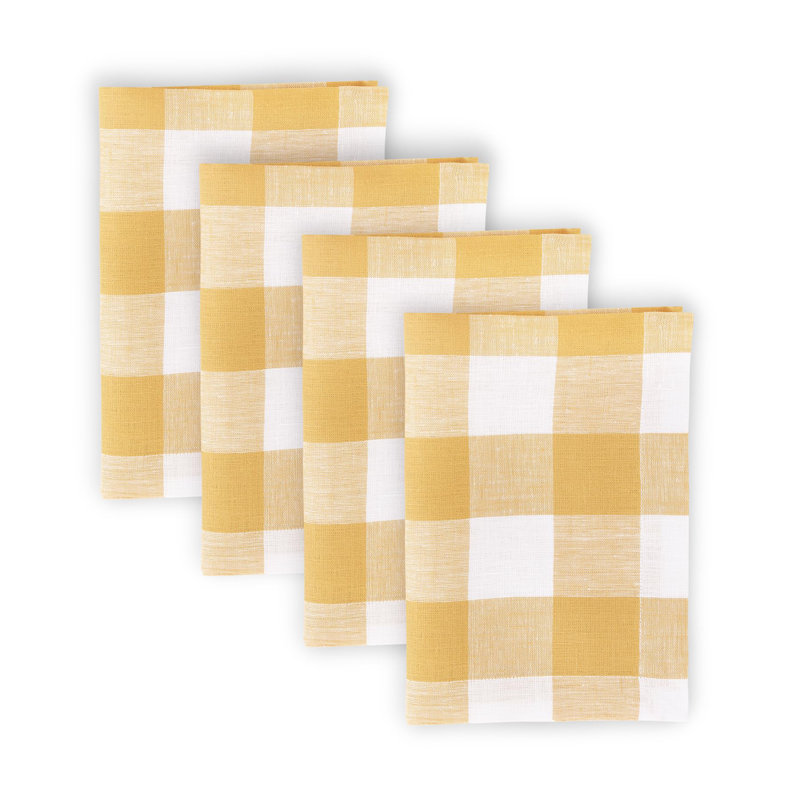 Buffalo Check - 100% Pure Linen Dinner Napkins, Mustard/White