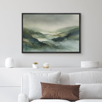 Misty Mountain Landscape in Soft Green and Blue Tones Framed Canvas Master Bedroom Wall Art Work Print