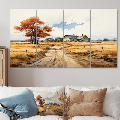 «Rustic Country House Autumn Road - Landscape Wall Art Decor», 4 pièces
