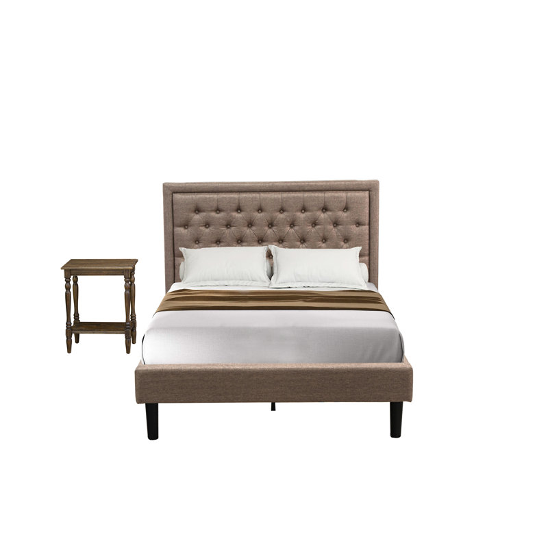 Ensemble de chambre à coucher 2 pièces - 1 tête de lit double capitonnée en tissu de lin kaki foncé et une tête de lit capitonnée à boutons avec 1 table de chevet - Table de chevet à finition Jacobean patinée