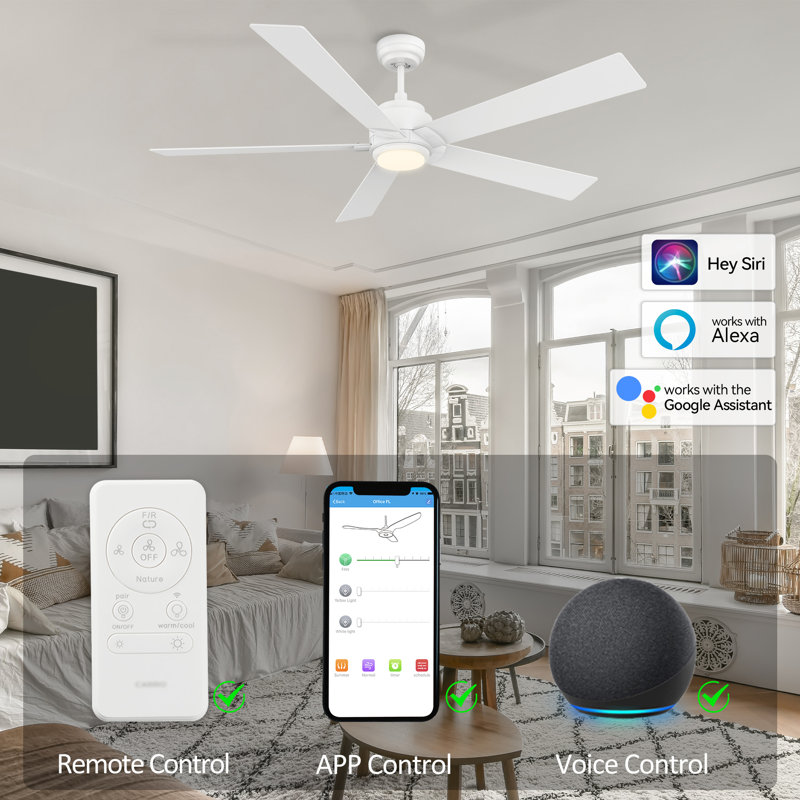 60" 5 - Blade LED Smart Ceiling Fan with Light Kit, White, White