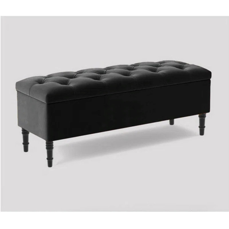 Swiss Chesterfield Ottoman Storage Bench - Upholstered Plush Velvet Shoes Bench with Black Turned Wooden Legs, Black Plush