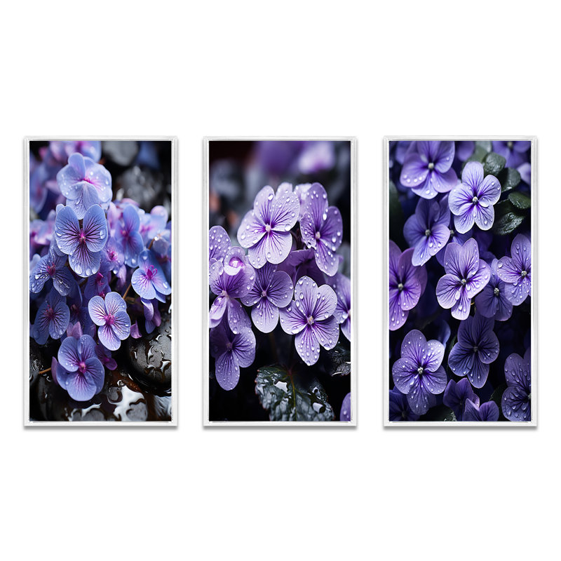 «Violets Whispering Photo», 3 pièces sur toile, Cadre blanc, H 20 po x l 36 po